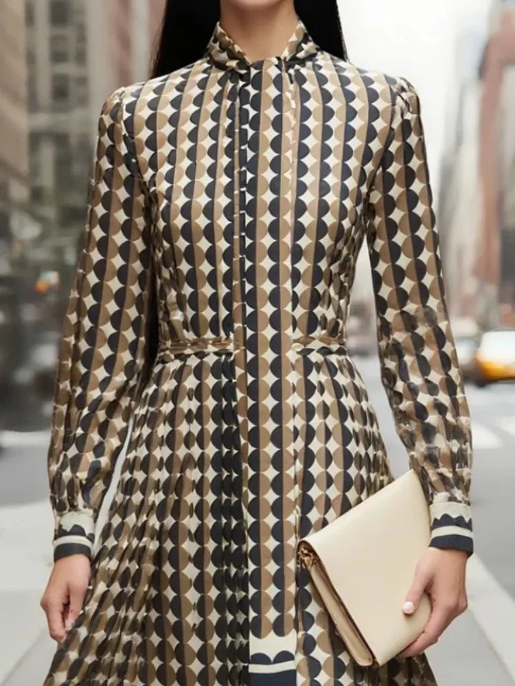 Beautyblue Women's Dress Long Sleeve Stand Collar Maxi Dresses Fashion Geometric Rhombus Loose Elegant High Waist Female Rube