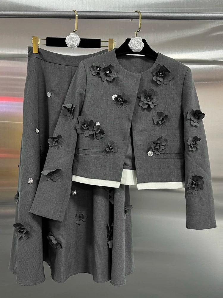 VGH Spliced Appliques Two Piece Sets For Women Round Neck Long Sleeve Coats High Waist A Line Skirts Elegant Slim Set Female New