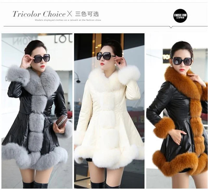 Size 6XL Women's Clothing Autumn Winter Imitation Fox Fur Big Fur Collar Thick Warm Female's Leather Jacket Slim Fur Coat