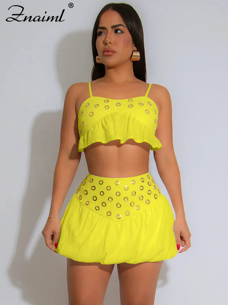 Znaiml Sexy Summer Beach Vacation Women Spaghetti Strap Crop Top and Mini Skirts 2 Pieces Set Fashion Night Club Bar Dance Suits