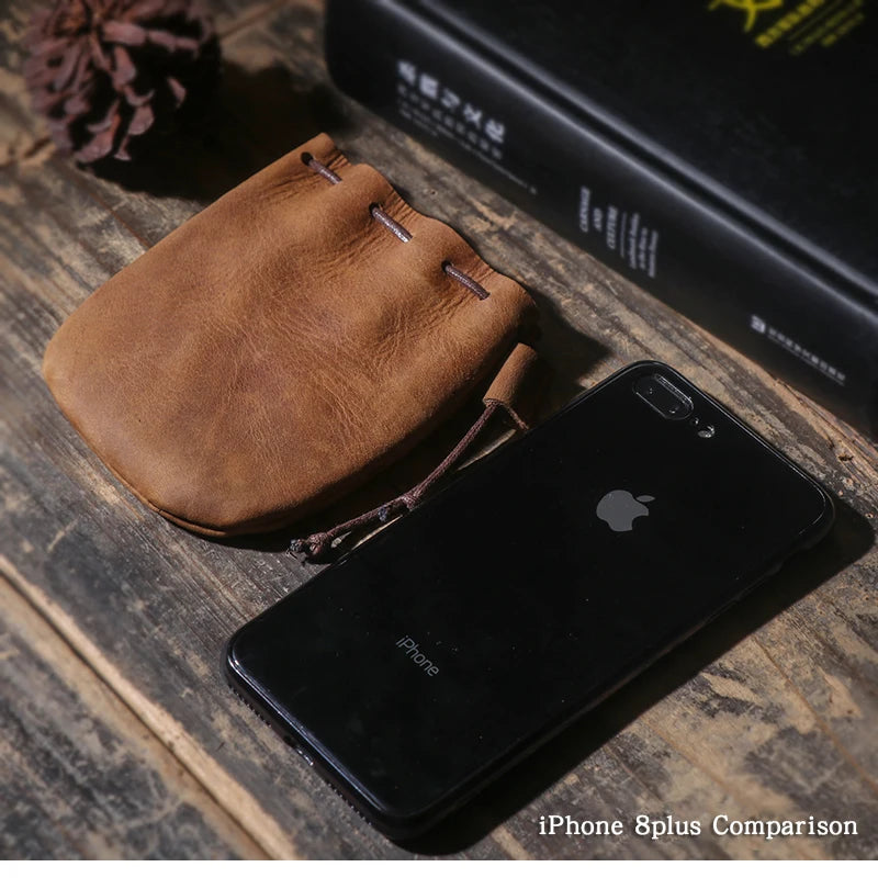 LUOKIR Men's Genuine Leather Coin Purse Simple Vintage Small Card Bag Women's Cowhide Wallet Keys Money Drawstring Storage Bags
