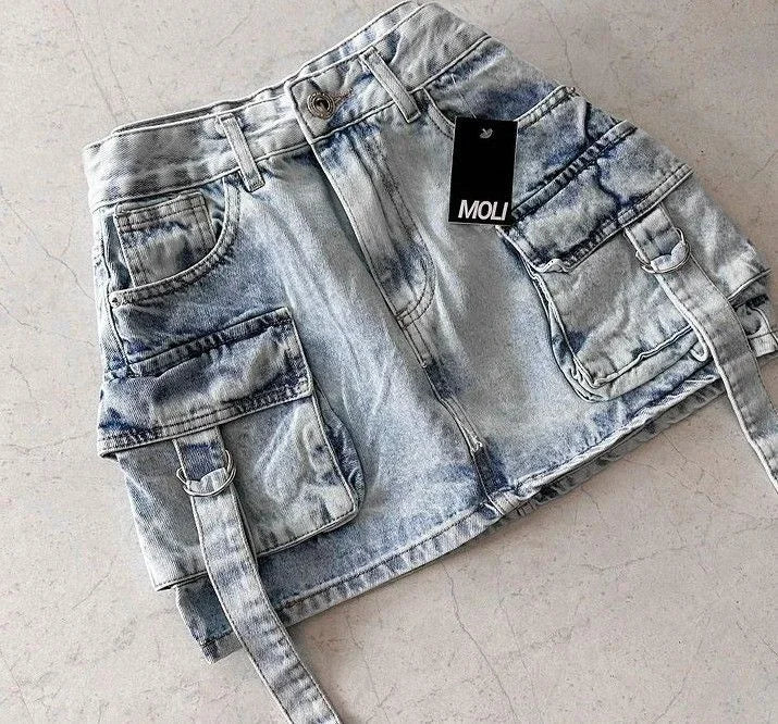 Y2K Short Skirt Fashion Retro Blue Multi Pocket Denim Shorts Womens Gothic Cargo Baggy Denim Shorts High Waist Slim Mini Skirt