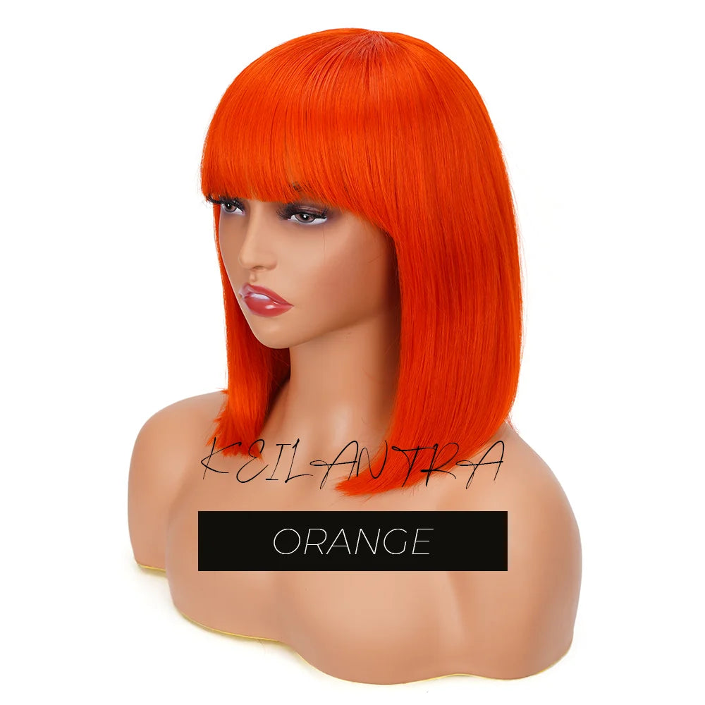Straight Human Hair Bob Wigs with Bangs Remy Full Machine Made for Women Hightlight Burgundy Brown Colored BOB Wig