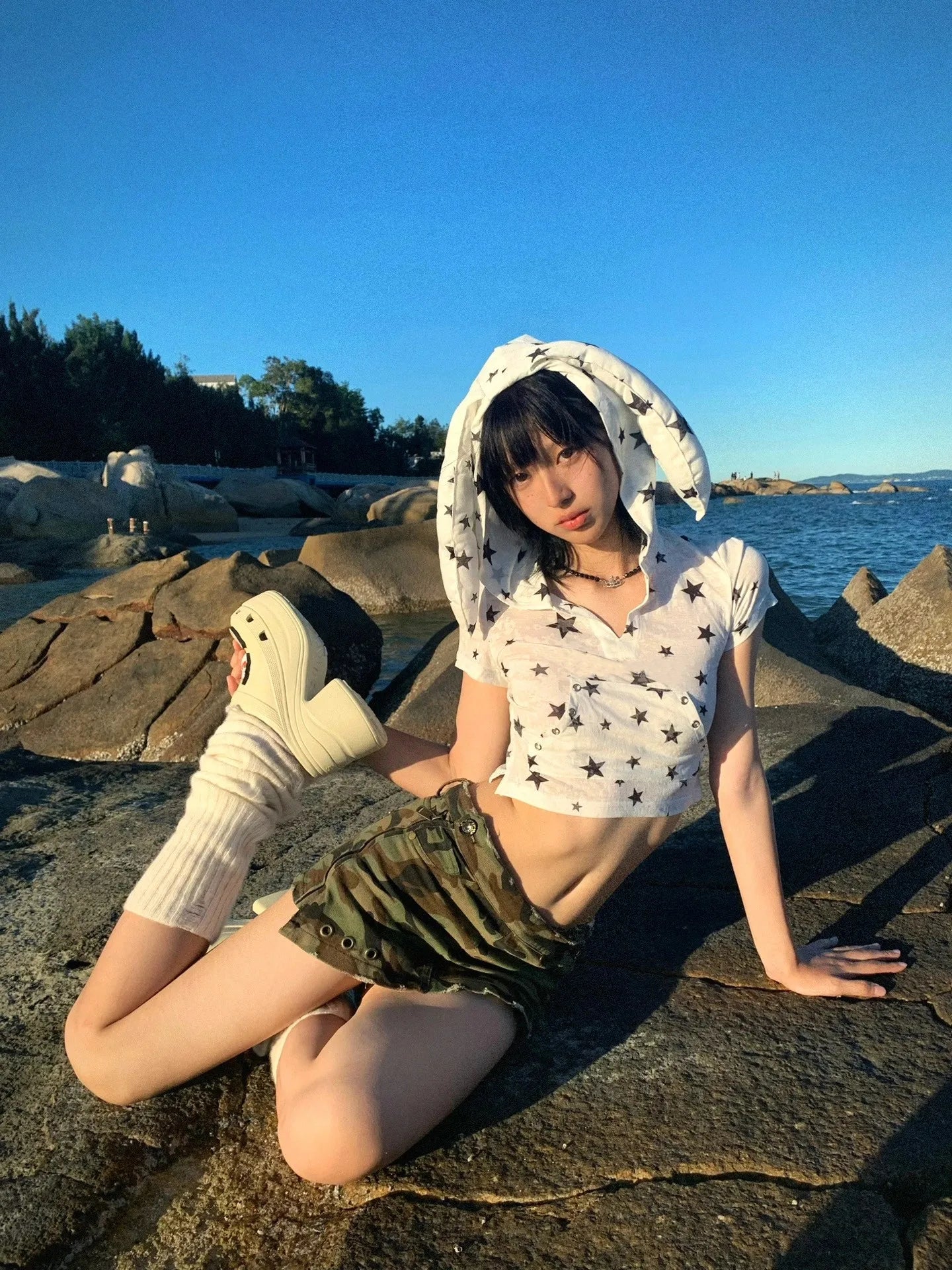 Karrram Japanese Y2k Hooded T-shirt Vintage 2000s Style Rabbit Ears Tops Harajuku Star Print Short Sleeve T Shirt Korean Popular