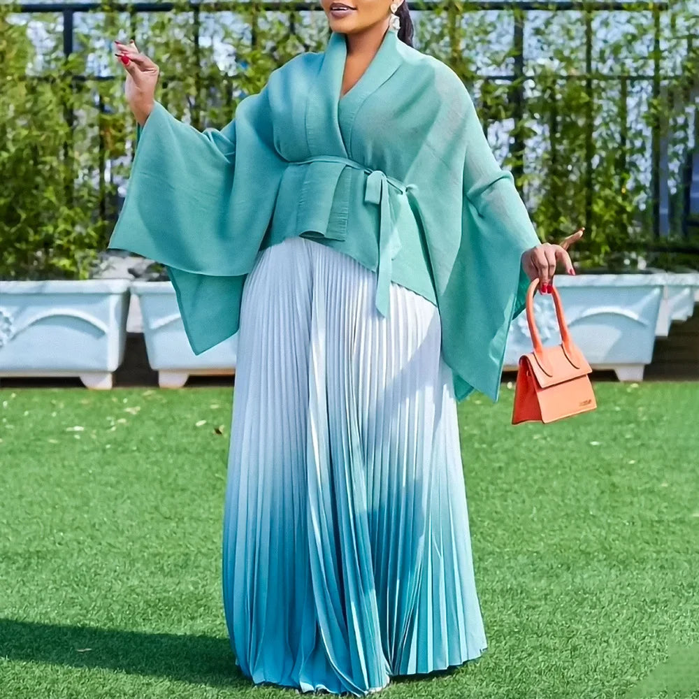 CM.YAYA Gradient Women's Set Full Sleeve Belt Blouse Shirt +Pleated Long Skirts Suit Street Two 2 Piece Set Outfit Tracksuit