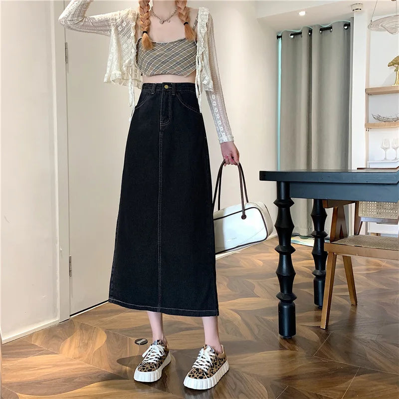 New 2022 Spring-Autumn Medium-Length Denim Skirt For Women High-Waisted Slimming Plus Size Curvy Girls A- Line Hip Covering Skir