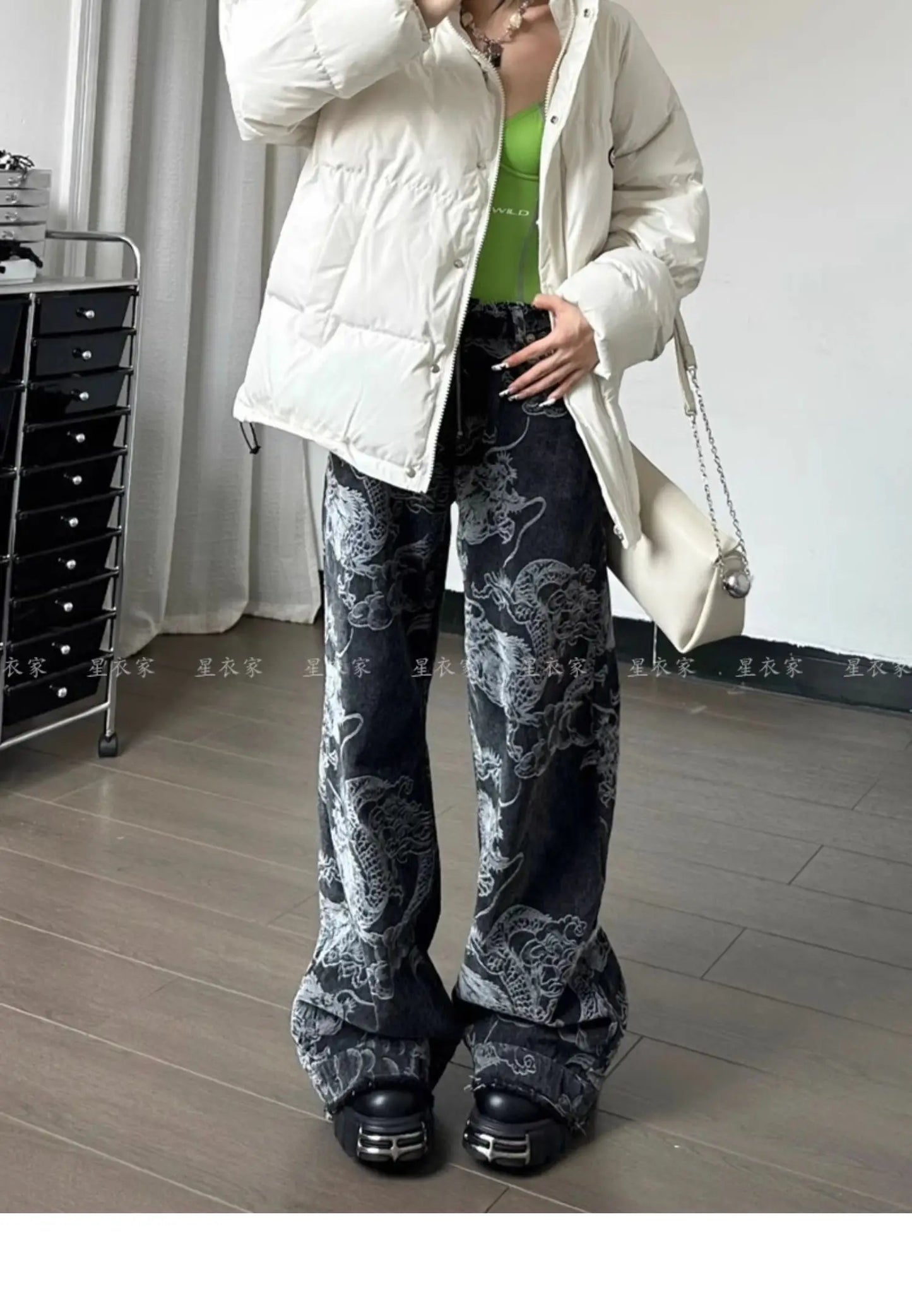 Women Black Gothic Dragon Print Jeans Baggy Vintage Aesthetic Cowboy Pants Harajuku Denim Trousers Y2k Trashy 2000s Clothes 2024