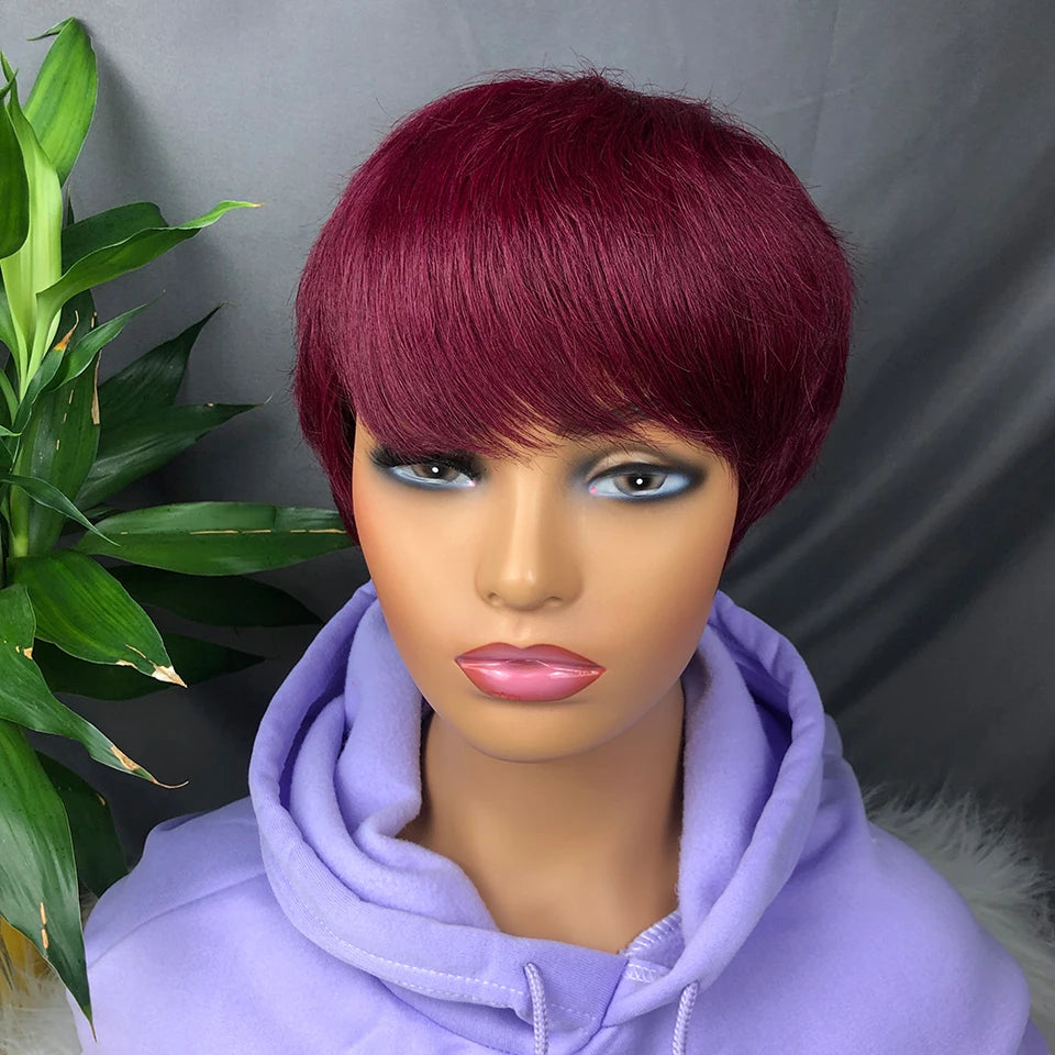 613 Honey Blonde Straight Short Pixie Bob Cut Wig With Bangs Indian Human Hair Full Machine Wig For Black Women