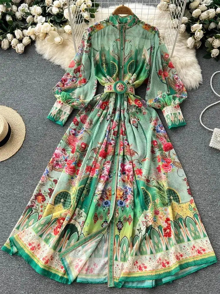 Women's Turtleneck Lantern Sleeve Single Breasted Flower Print Maxi Dress Autumn Bohemian Chiffon Green Belt Holiday Vestidos