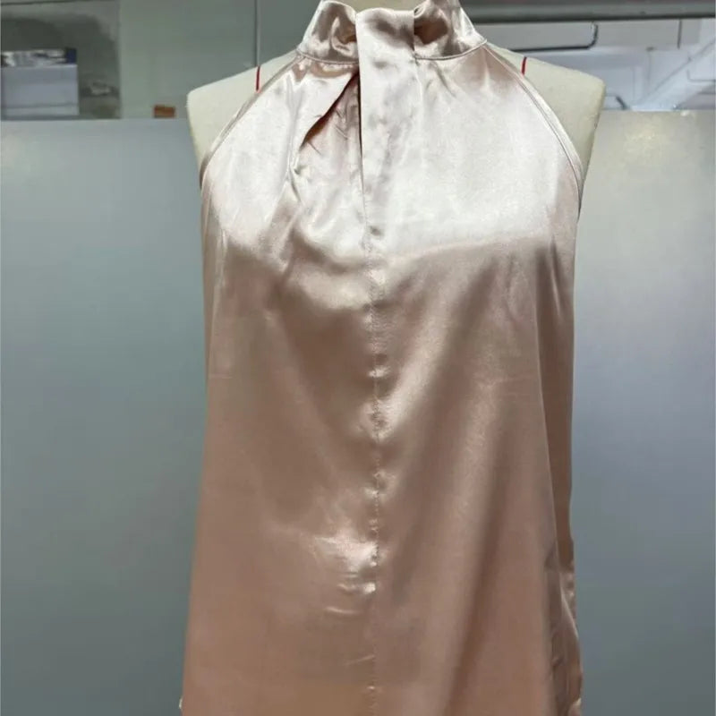 Women's Tops 2025 Summer New European and American Clothes Satin Halter Sleeveless Vest Sexy Commuting Satin Simulated Silk Top