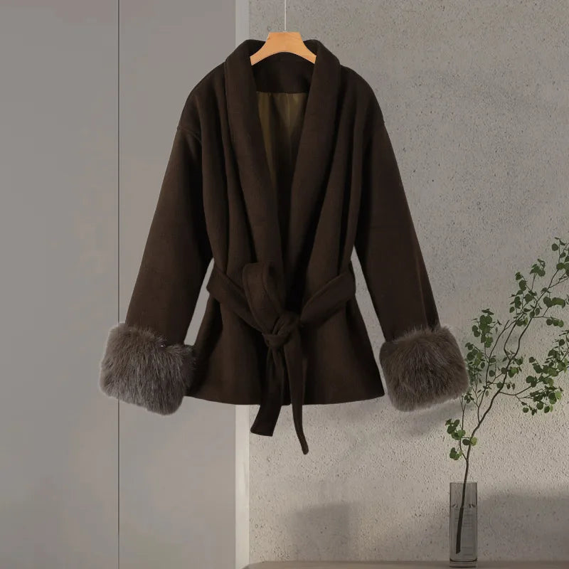 Plush Cuffs Belt Women 's Coats Elegant Lapel Faux Fur Sleeve Twist Open Coat Female 2025 Autumn Winter Fashion Lady Streetwears