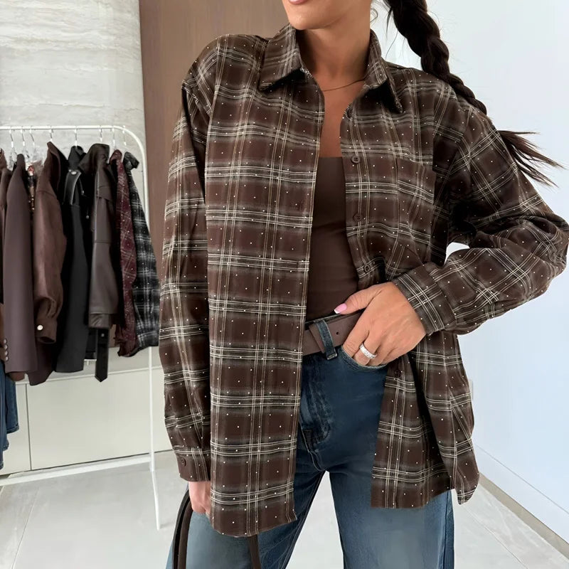 Fashion New Women's Lapel Pocket Coat Vintage Plaid Printed Long Sleeved Shirt Casual Street Wear Single Breasted Office T-shirt