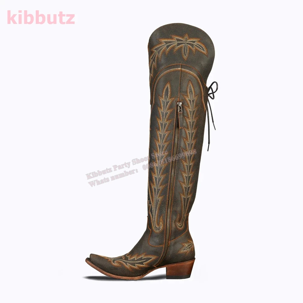 Rivet Cowboy Vintage Boots Over The Knee High Embroidery Lace-Up Luxury Leather Pointed Toe Chunky Heels Fashion Concise Shoes