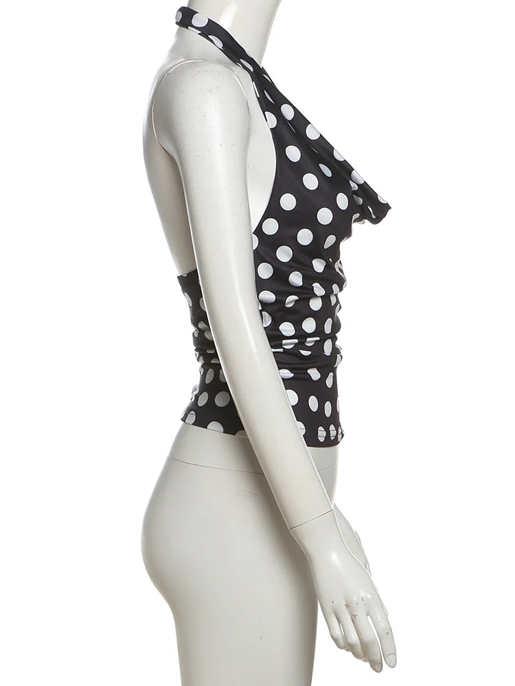 Weird Puss Polka Dot Print Tank Top Women Y2K Halter Swing Collar Backless Skinny Hottie Summer Midnight Street Basic Wild Vest