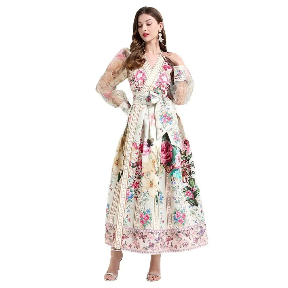 Retro Court Style V-Neck Lace Lantern Sleeve Belted Waist Design Large Print Dress Floral Print Women's Dress Fashionable Gown