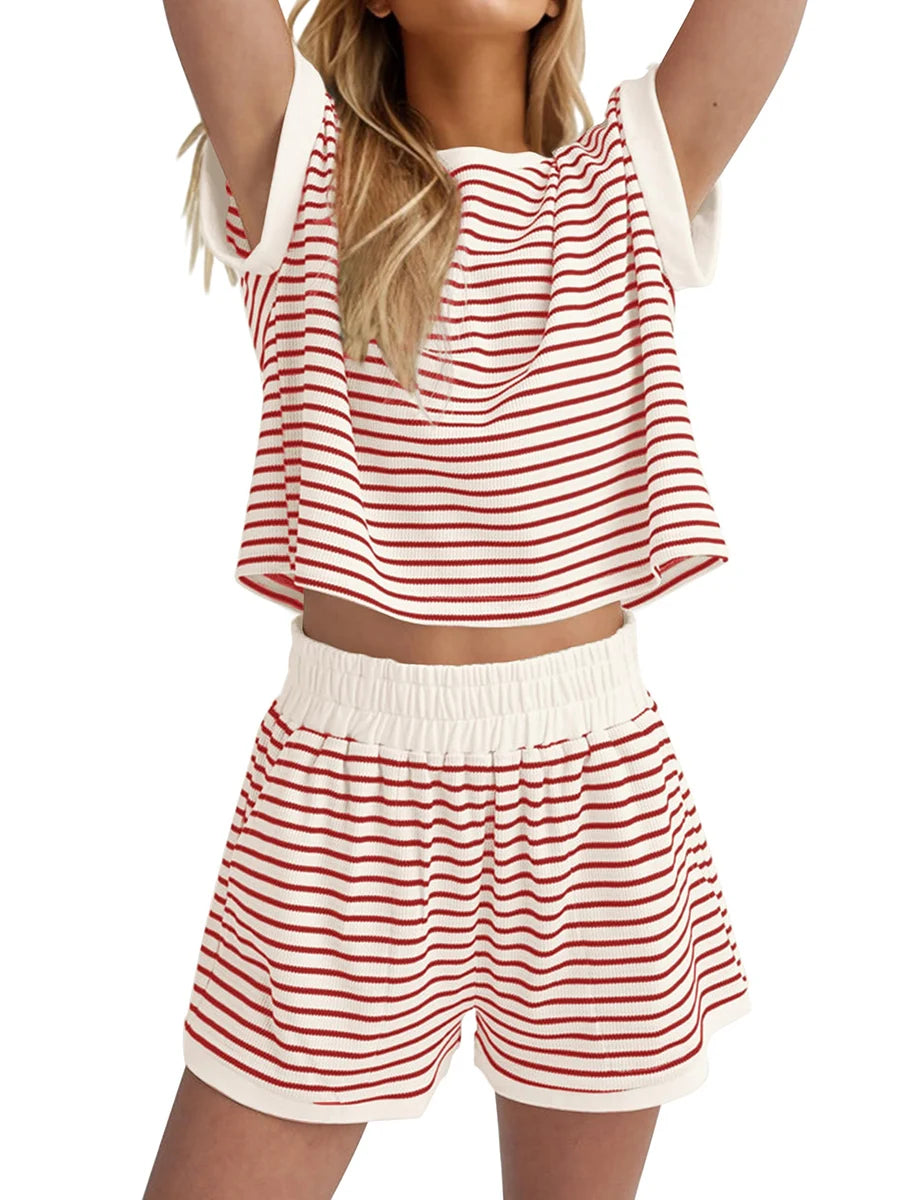 Women’s Casual 2 Piece Outfits Summer Short Sleeve Stripes Print Tops + Elastic Waist Shorts Set Loungewear for Sports Work Out