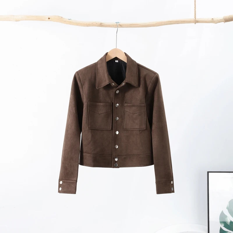 Big Pockets Suede Short Women's Jackets Vintage Lapel Single Breasted Full Sleeve Jacket Lady 2025 Spring Fashion Streetwears