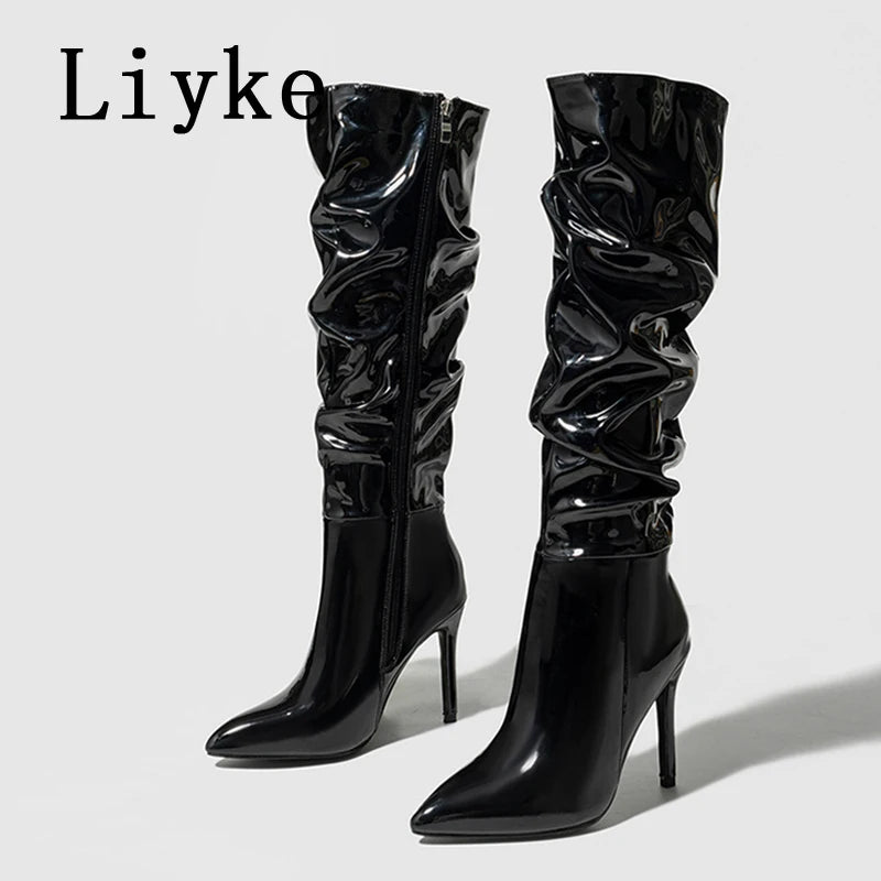 Pleated Patent Leather Knee High Stiletto Boots for Women
