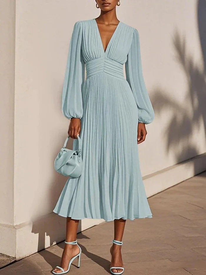 Luxury Dinner Evening Long Dress 2025 Spring Women Club Party Dress Pleated Elegant Dress Female Solid V Neck Clothing