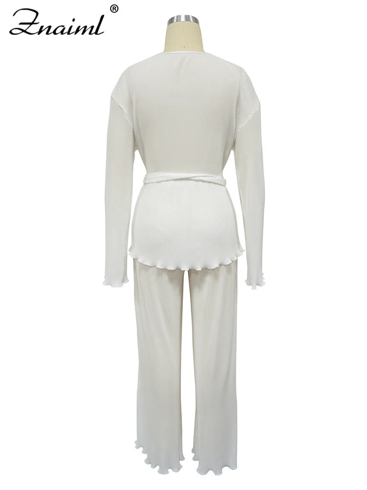 Znaiml Elegant Pleated Two 2 Piece Sets Women Full Sleeve V-neck Belt Tops and Wide Leg Pants Office Lady Outfits Vacation Suits