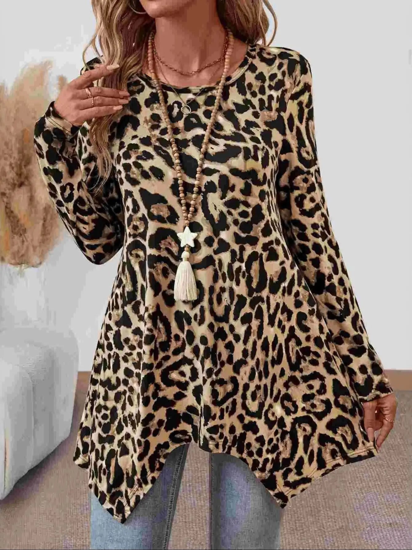 Women Leopard Print Tunic Top Long Sleeve Loose Fit Swing Blouse Irregular Hem Casual Flowy A-Line Shirt Streetwear