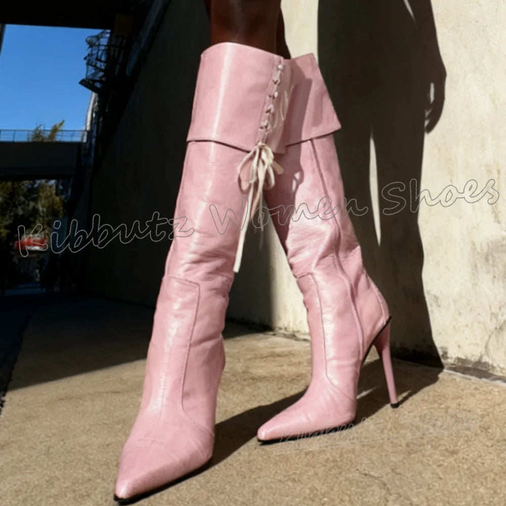 Knee High Satin Boots Spicy Girls Lace-Up Leather Solid Color Fashion Luxury Elegant Women Shoes Concise Pointy Thin Heels New