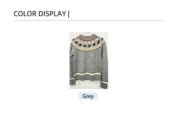 Plus Size Women's Retro Pattern Long Sleeve Sweater Round Neck Pullover Grey Best Choice for Autumn and Winter
