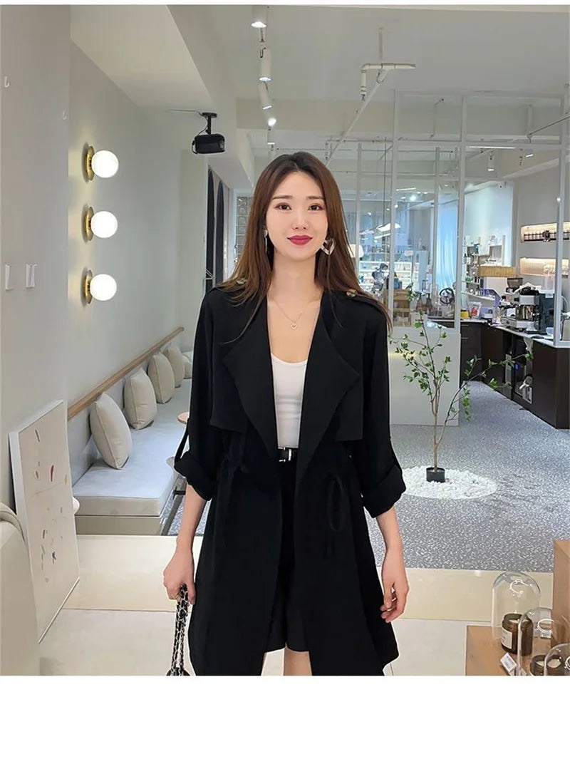 Autumn Windbreaker New Women's Thin Coat Korean Version 2023 Single-Layer Fashion Drawstring Slim Trench Coat Top with 3/4 Sleev
