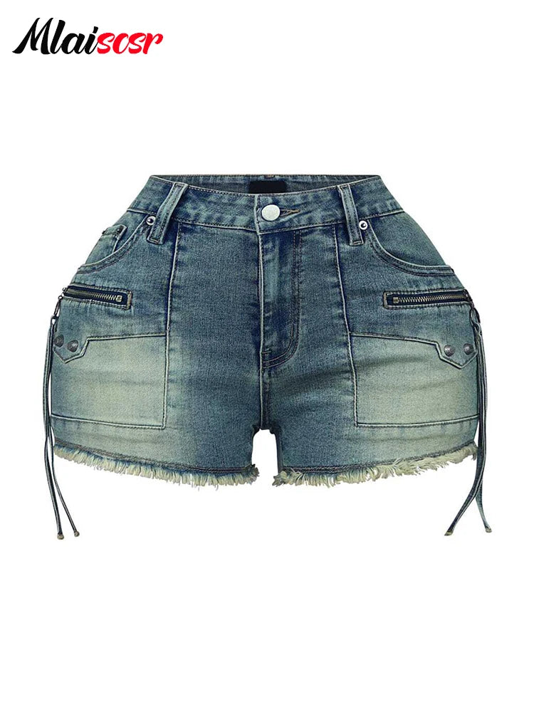 Mlaiscsr Sexy Sleeveless Backless Zipper Tops and Shorts Blue Denim Two 2 Piece Sets Women Summer Beach Party Night Outfits 2025