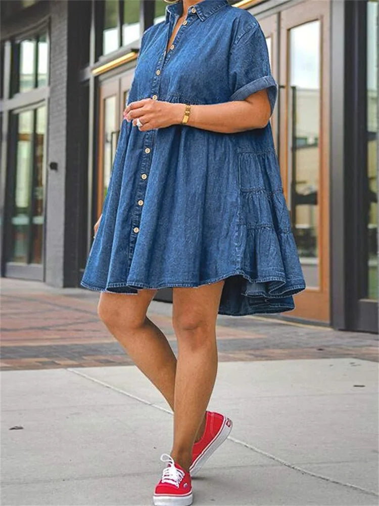 Wmstar Plus Size Denim Dresses Women Elegant Casual Loose Short Sleeve Summer Midi Dress Wholesale Dropshipping New Style