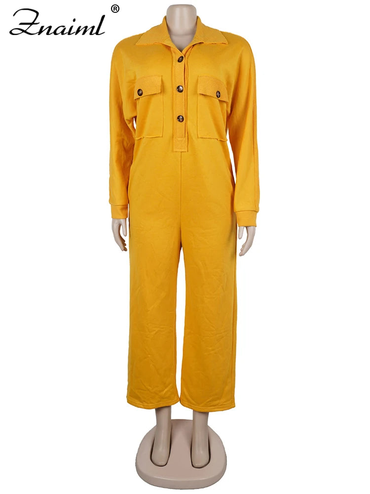 Znaiml Women's Long Sleeve Pocket Jumpsuit Casual Loose Wide Leg Pants Orange Shirt Rompers One Piece Autumn Streetwear Outfit