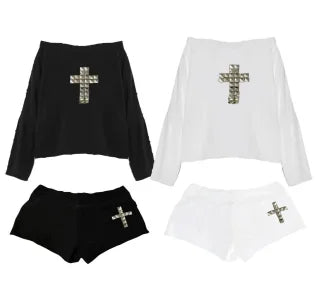 Y2k casual and fashionable cross diamond design one-shoulder top women's top summer hot girl style long-sleeved top shorts set