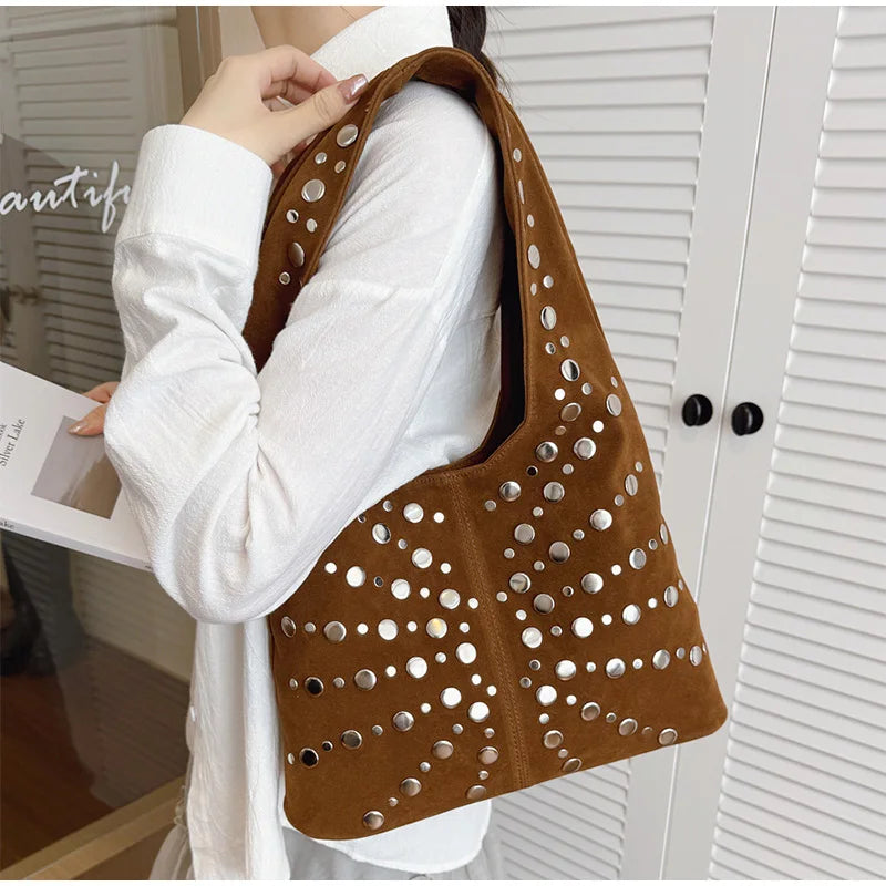 Polka Dot Rivet Tote Bag Women's Fashion Trend Texture Shoulder Bag High-end Luxury Suede Bucket Bag Commuter Female Handbag