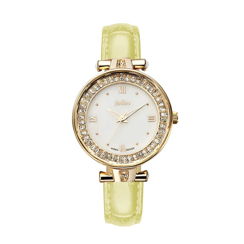 Mother-of-pearl Rhinestones Julius Lady Women's Watch Fashion Hours Bracelet Real Leather Girl's Birthday Gift Box