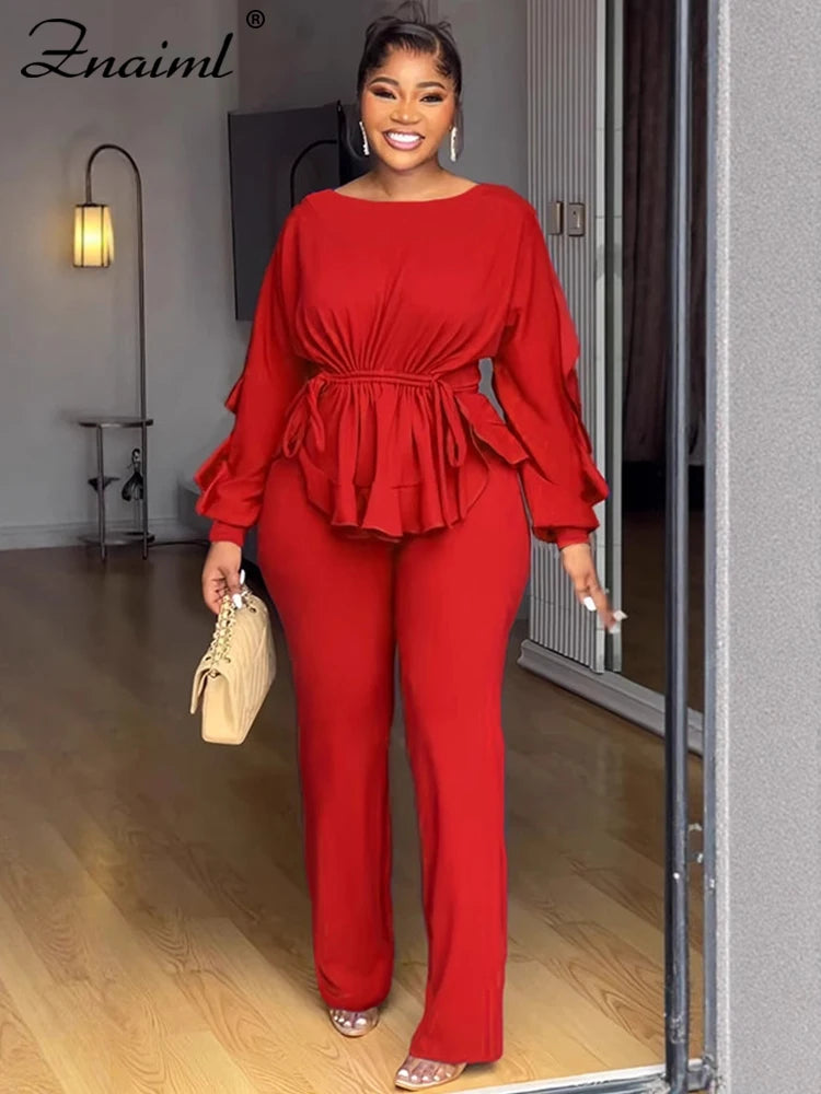 Znaaiml Elegant Blue 2 Piece Pants Sets Women Lantern Sleeve Drawstring Ruched Ruffles Top and Trousers Casual Street OL Outfits