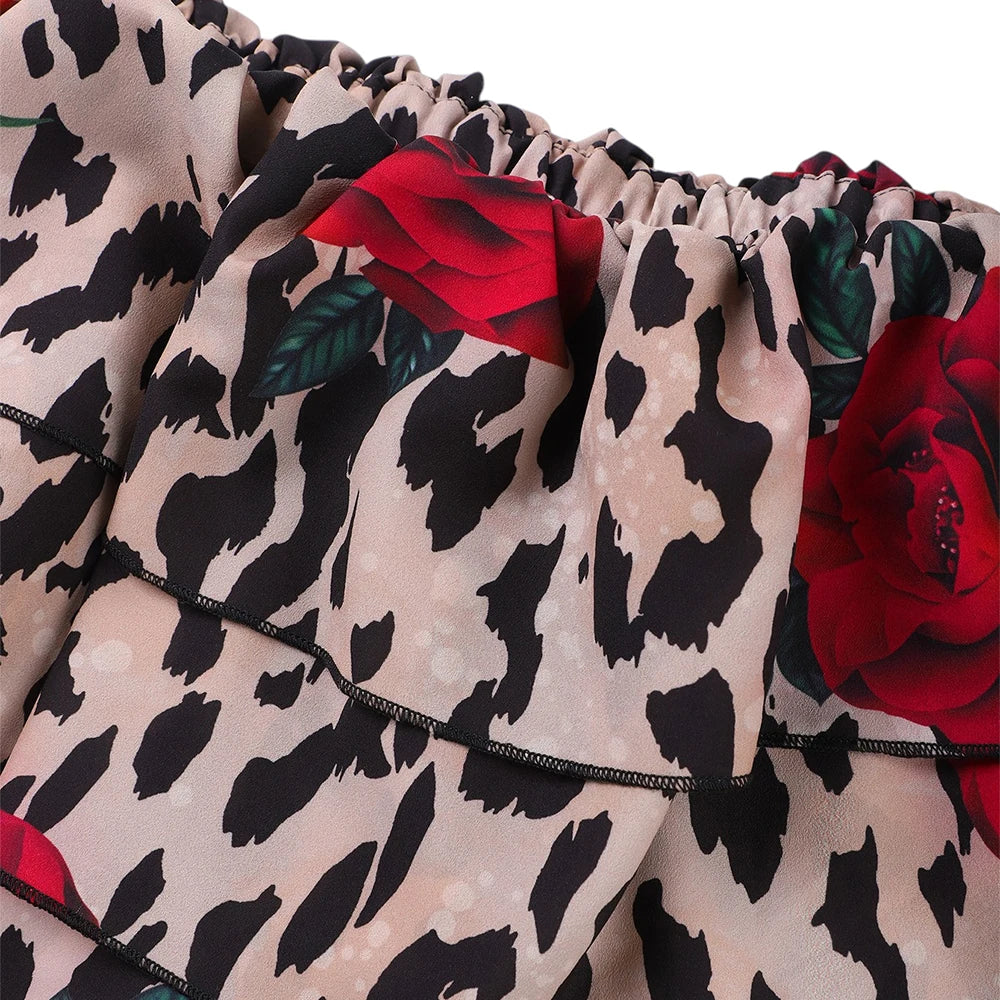 Women's Sexy Leopard Floral Printed Slash Neck Chiffon Blouse Autumn Spring Ladies Ruffle Casual Holiday Tops Size S-2XL