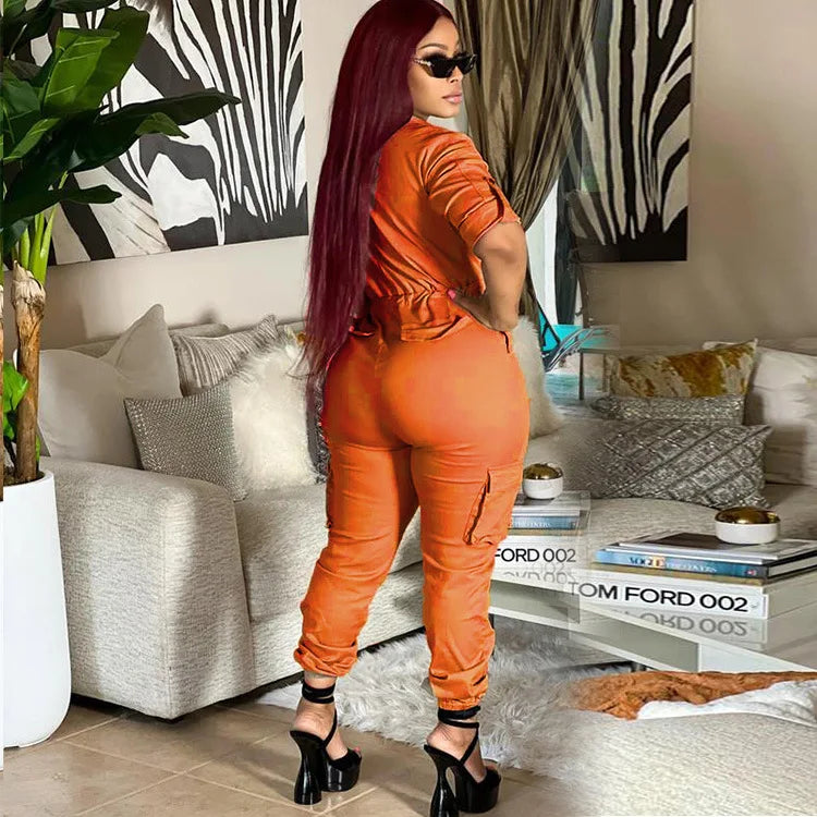 CM.YAYA Women Safari Style Short Sleeve Zipper Fly Pocket Side INS Zipper Fly Jumpsuit Fashion Casual One Piece Suit Playsuit