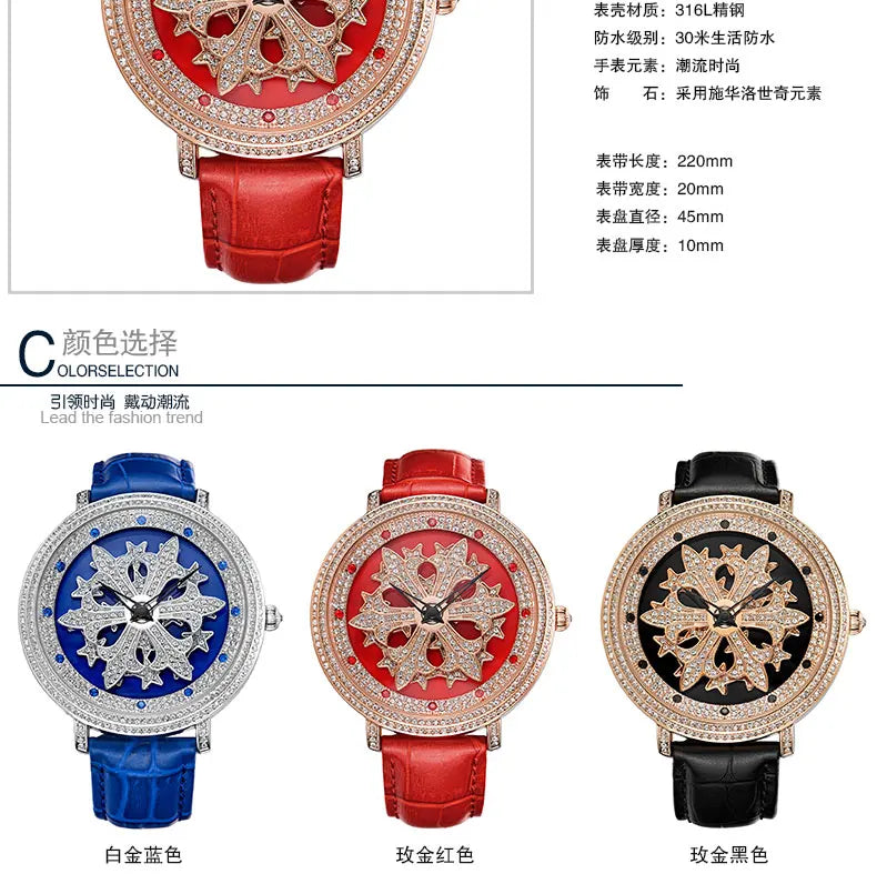 Luxury Davena Spin Snow Flower Women's Watch Japan Mov't Crystal Lady Hours Fine Fashion Real Leather Bracelet Girl's Gift Box
