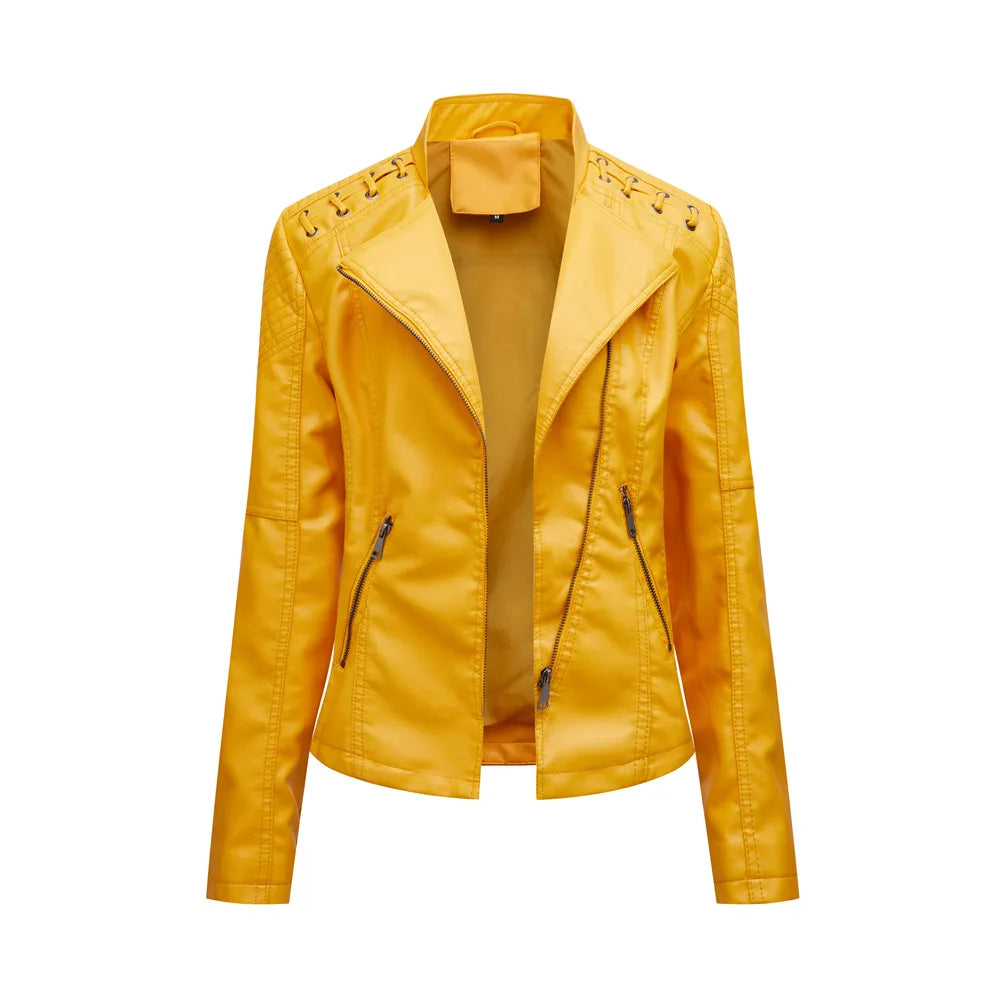 Spring Autumn Leather Jacket Women Slim Fit Motor Biker PU Leather Short Coat Stand Collar Ladies Zipper Outerwear 2024 New