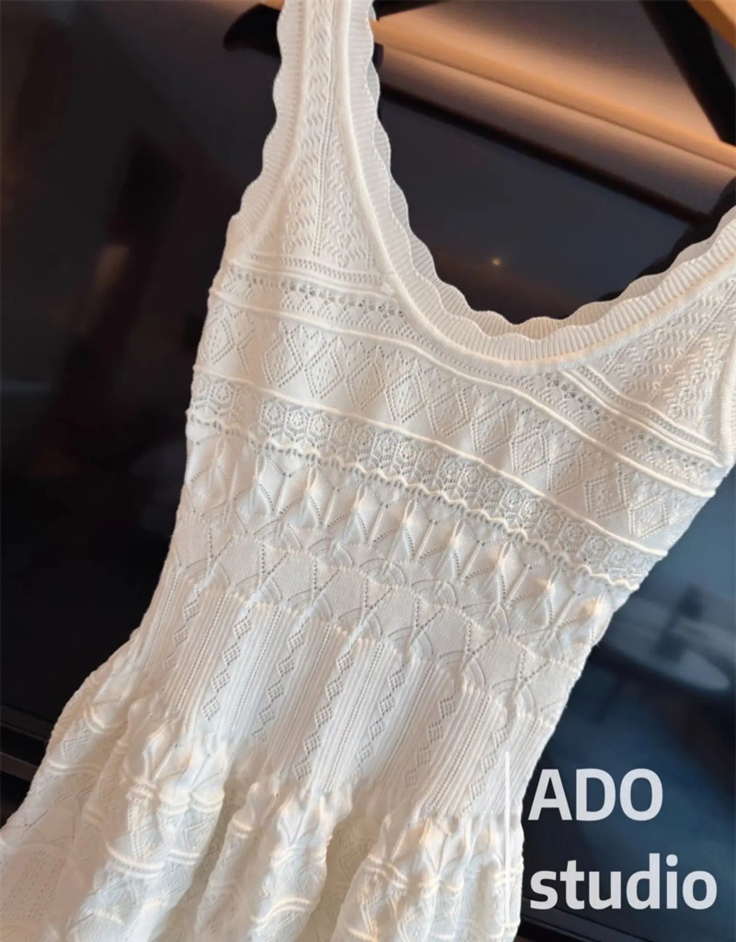 White Sweet A-line Ruffle Edge Knitted Vest Dress Women's Summer French Fashion Slim Temperament Sexy Girl Hollow Short Dress