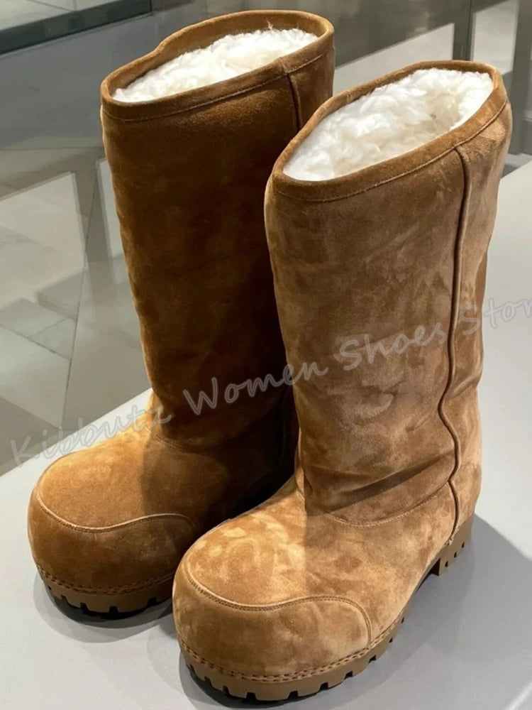 Suede Warm Winter Snow Boots Knee High Big Round Toe Flat With Outdoor Fashion Concise Luxury Sexy Novelty Slip-On Shoes Newest