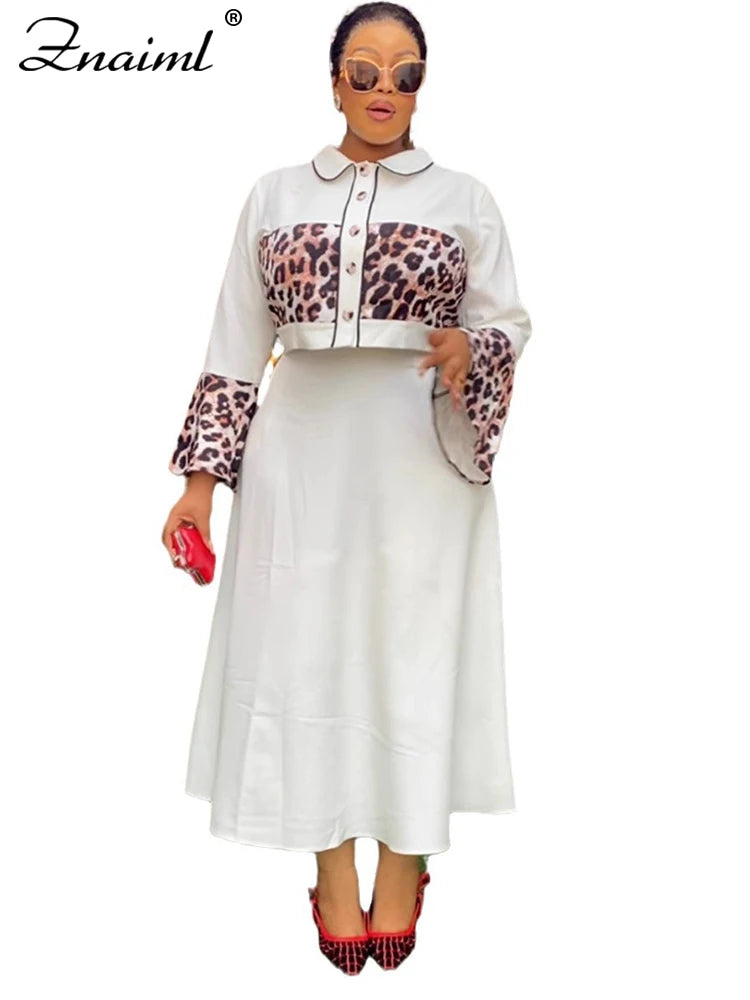 Znaiml Elegant Leopard Patchwork A-line Skirts and Crop Tops Flare Sleeve 2 Piece Sets Woman Birthday Festival Indie Folk Outfit