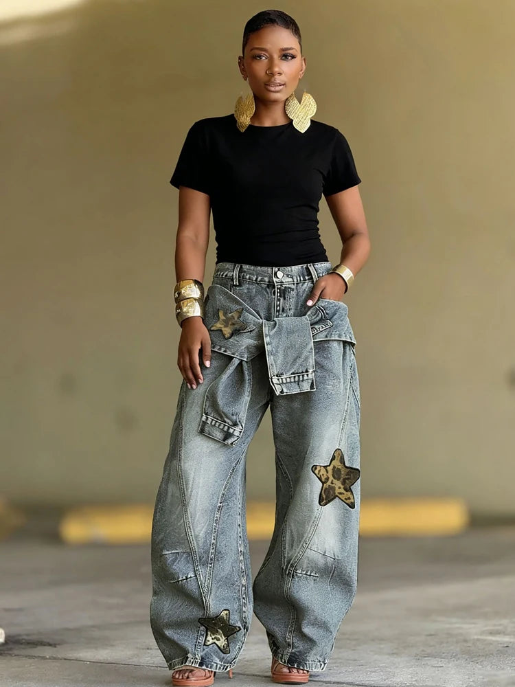 Vintage Washed Wide Leg Hip Hop Denim Jeans for Women