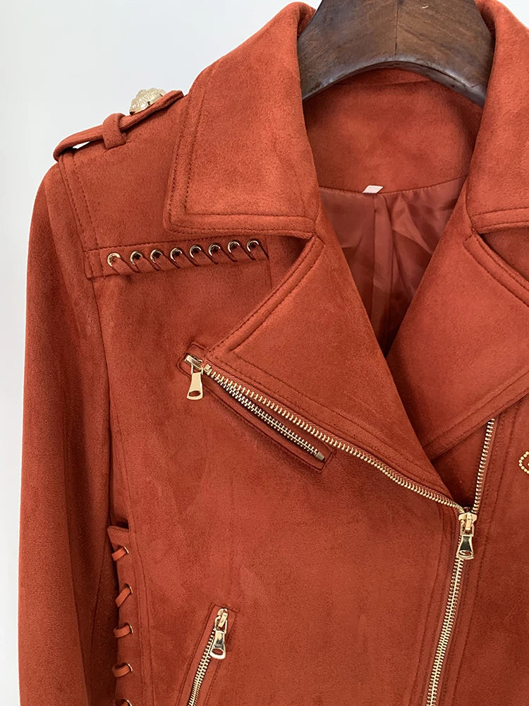 HIGH STREET Newest 2024 F/W Designer Jacket Women's Rope Lacing Up Logo Beaded Synthetic Suede Leather Motorcycle Biker Jacket