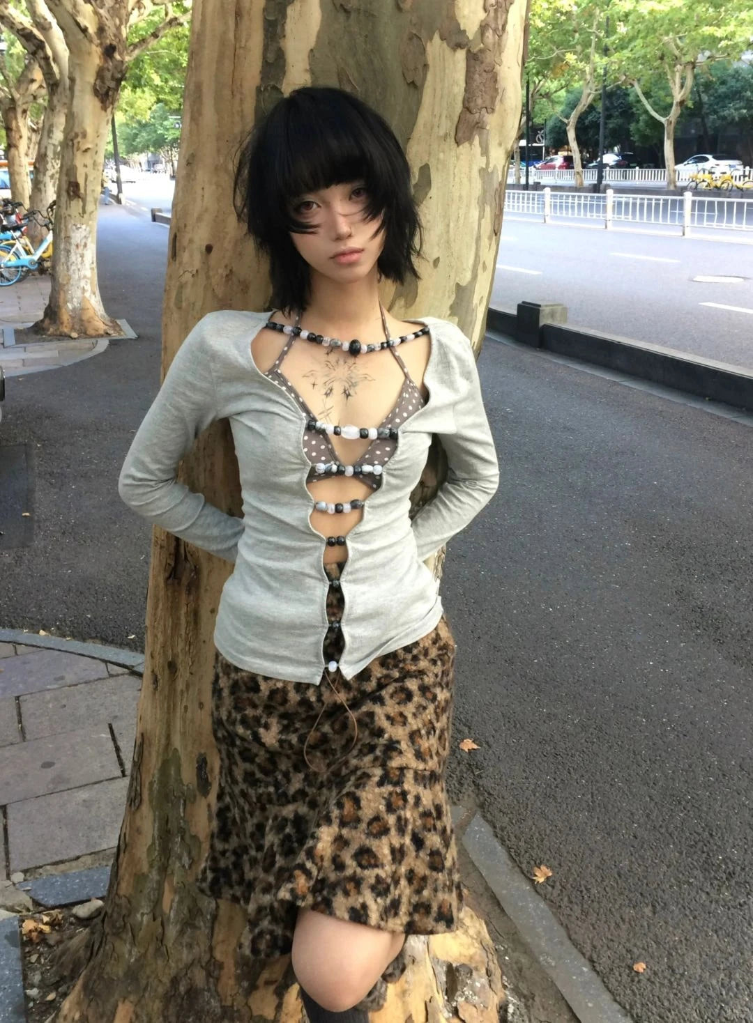 Karrram Japanese Y2k Hollow Out T-shirt 2000s Aesthetics Long Sleeve Beaded Tops Vintage Harajuku Sexy Streetwear American Retro