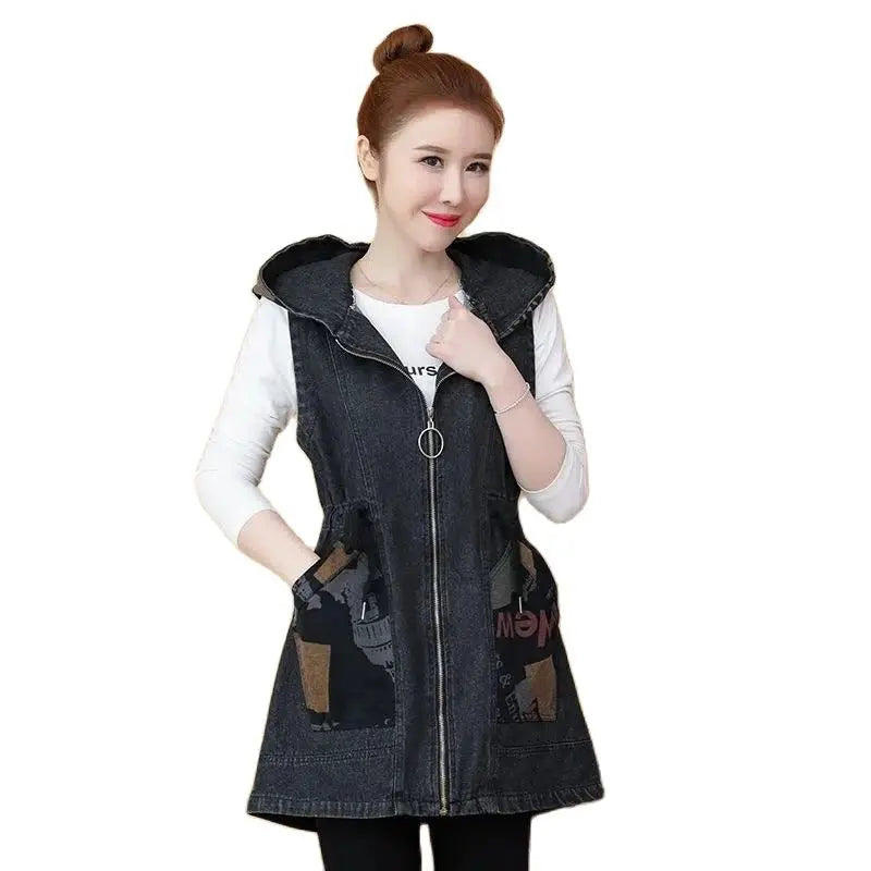 Mid-length Waist Collection Slimming Hooded Cowboy Vest Female 2024 Spring Autumn Korean Version Casual All-matching Vest Coat X