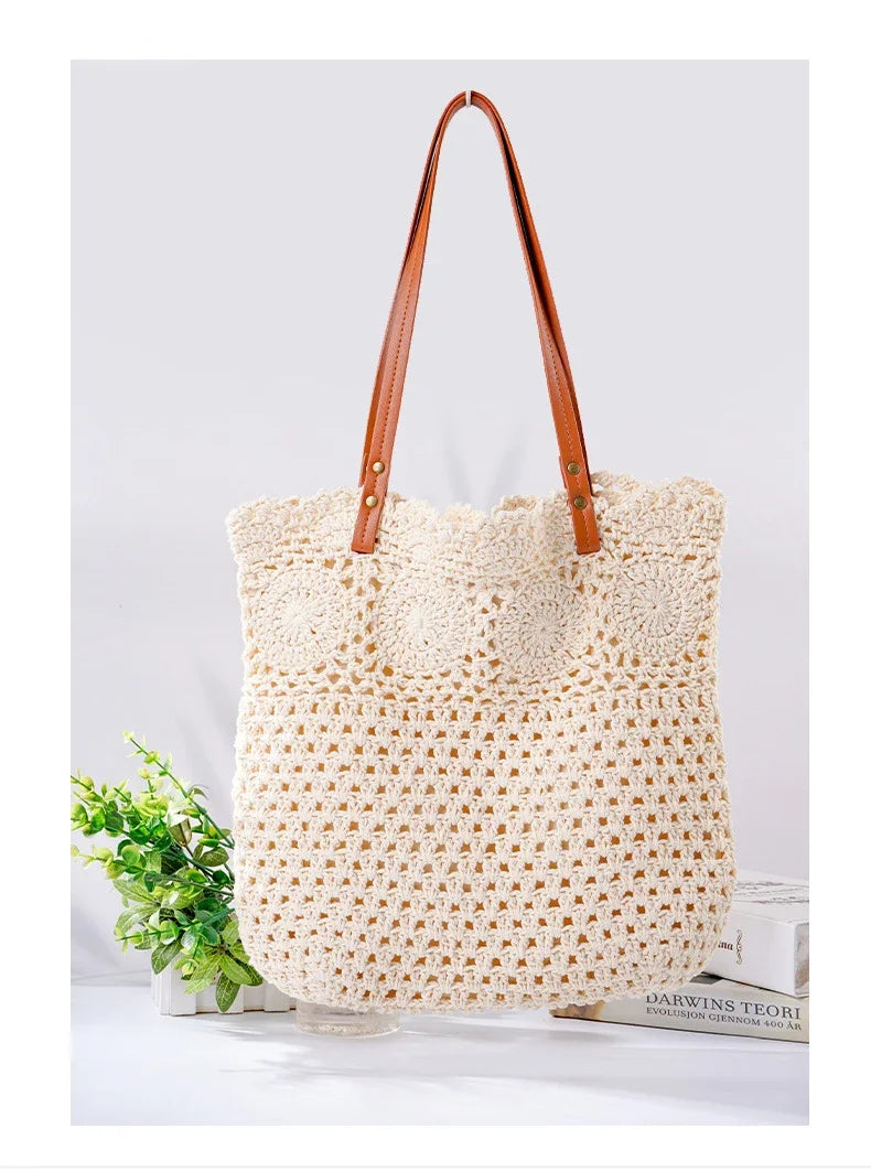 Ladies Beach Leisure Shoulder Bags Women's Summer Artistic Weaving Crochet Tote Handbags Female Retro Hollow Solid Crossbody Bag