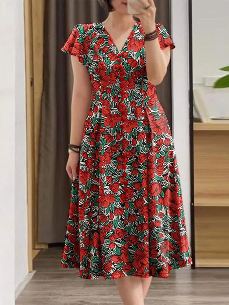 Floral V-Neck Ruffle Sleeve Midi Dress