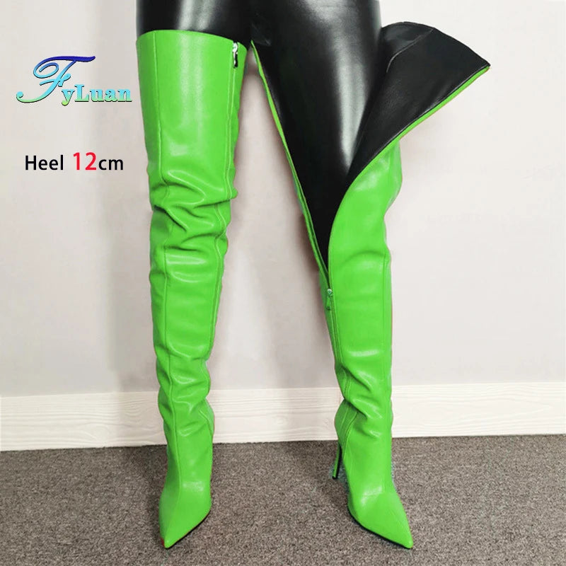 Fashion Leather Side Zipper Pointed Toe Stiletto Over The Knee Boots for Women