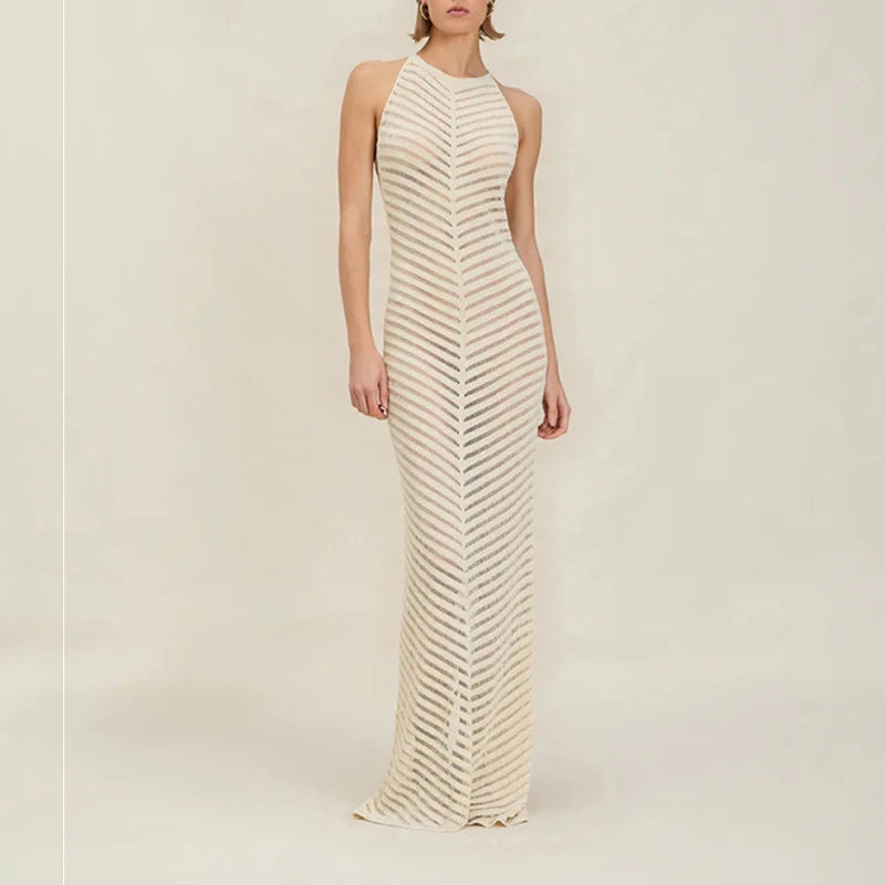 Women's O Neck Halter Knitted Long Dress Sexy Perspective Slim Sleeveless Beach Dress Fashion Backless Bodycon Wrap Hip Dresses